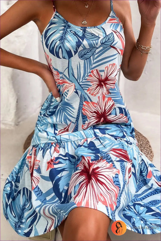 Midi Dress with Tropical Print - Vacation Confidence - s / Blue - Dresses - Lingerie Hut - A-line • Backless • Boho