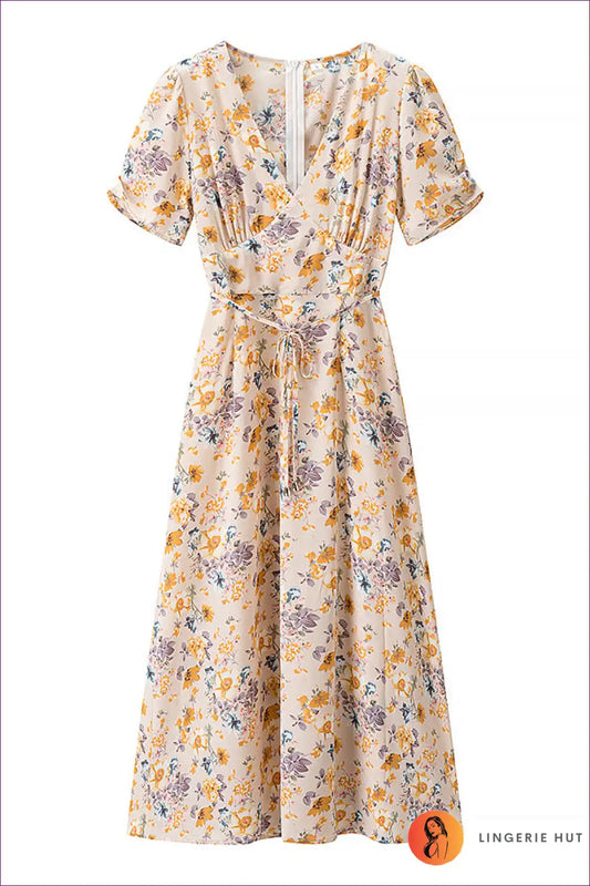 Midi Dress with Wrap Neckline - Countryside Elegance for A-line, Boho, Casual, Dress, Floral