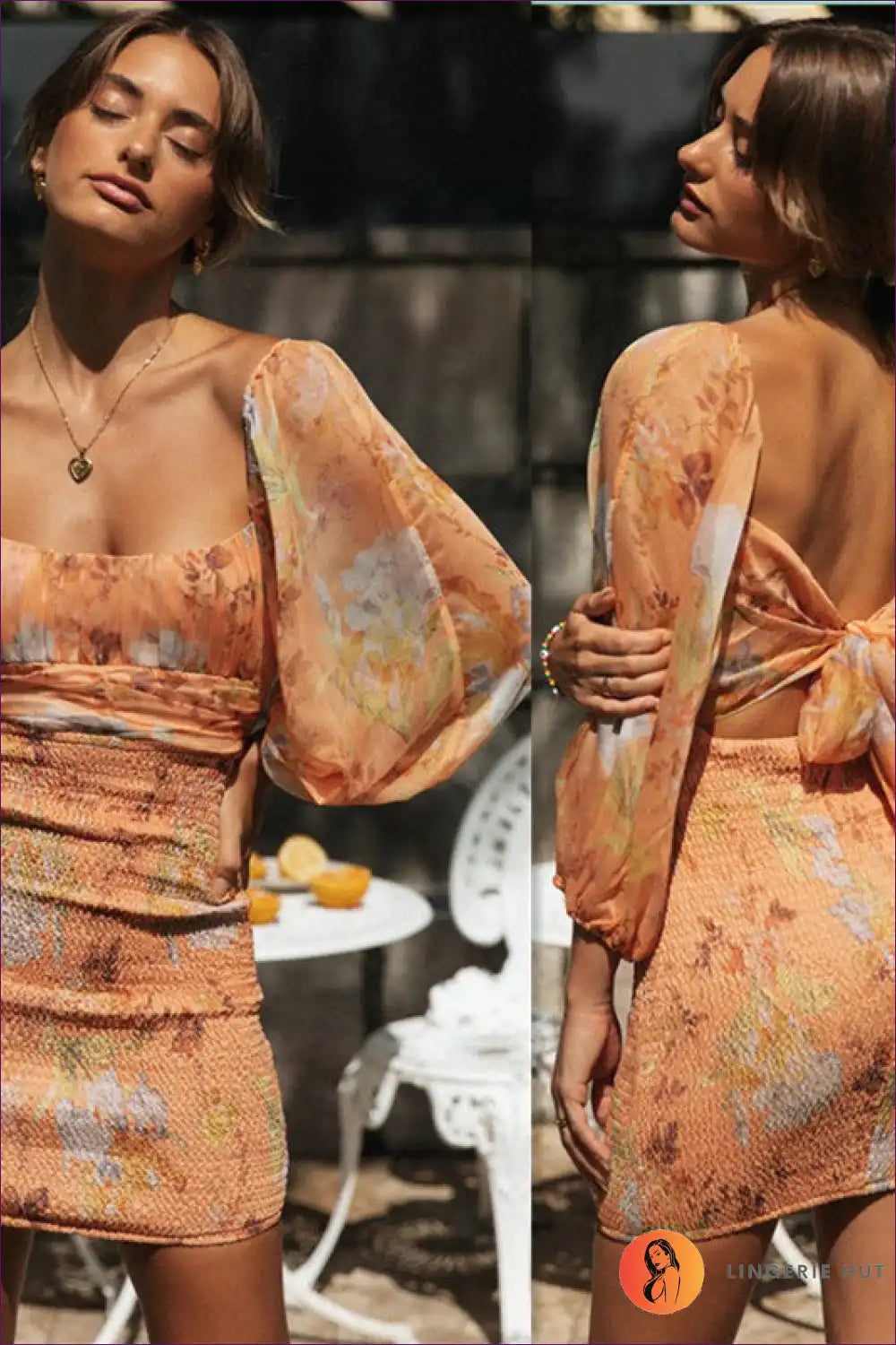 Mini Dress with Balloon Sleeves - Artistic Expression for Boho, Cutout, Dress, Floral, Glamour