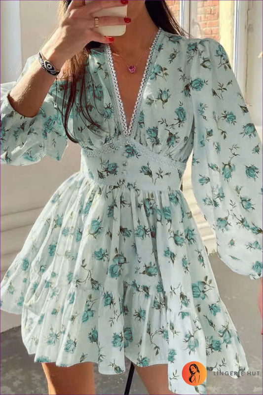 Floral Mini Dress with Balloon Sleeves - Effortless Romance - Dresses - Lingerie Hut - A-line • Casual • Chiffon