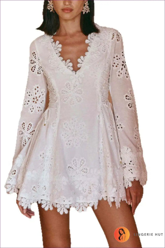 Mini Dress with Broderie Anglaise - Garden Party Grace for A-line, Autumn, Boho, Bridal, Cotton
