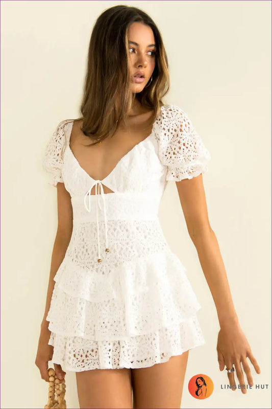 Mini Dress with Eyelet Lace - Romantic Afternoon for A-line, Boho, Date Night, Dress, Floral