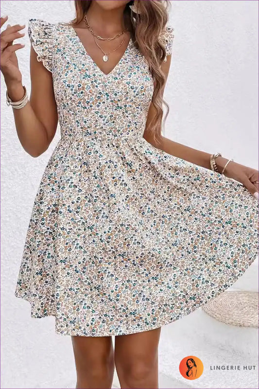 Mini Dress with Floral Ruffles - Garden Party Ready for A-line, Boho, Casual, Dress, Everyday