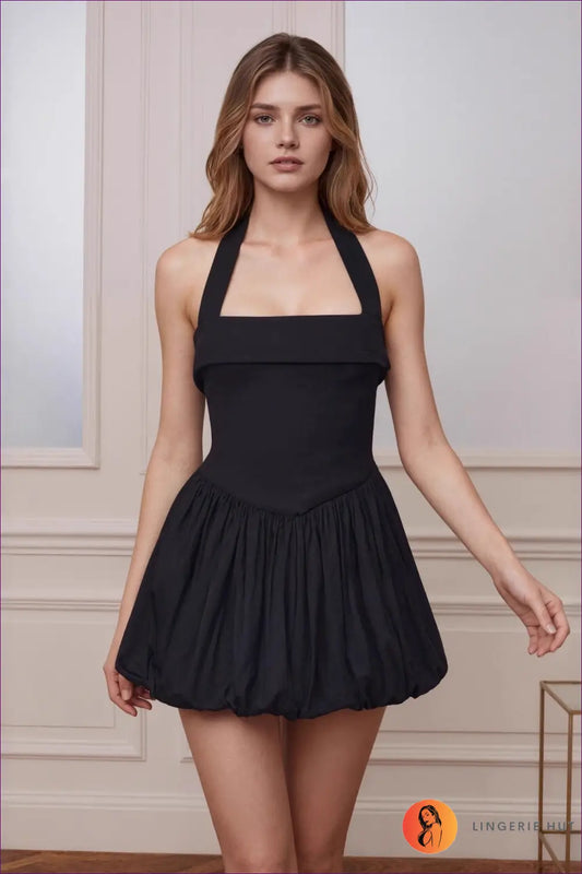 Halter Bubble Hem Mini Dress - Bold but Wearable - s / Black - Dresses - Lingerie Hut - All Season • Backless • Cutout