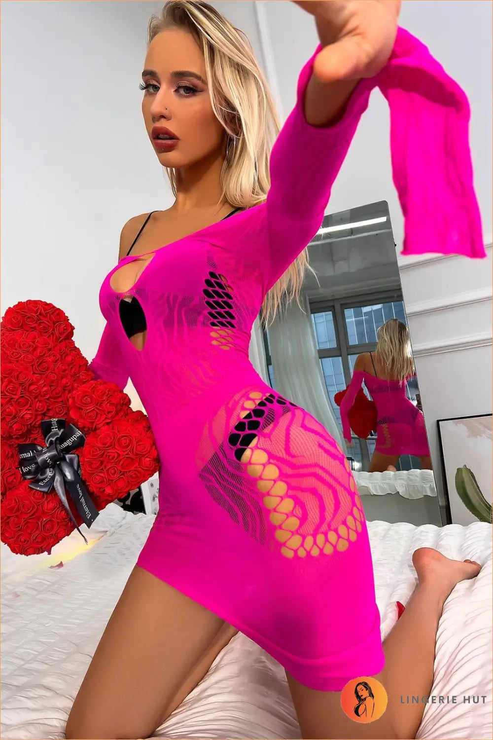 Mini Dress with Mesh Cutouts - one Size / Pink - Dresses - Cutout • Glamour • Lingerie Hut
