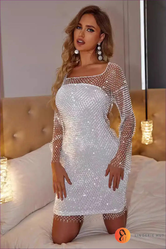 Mini Dress with Mesh Overlay - Night out Glamour for Bodycon, Clubwear, Dress, Evening Wear, Formal Wear