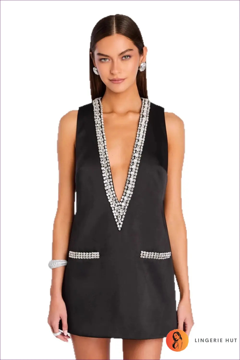 Mini Dress with Rhinestone Trim - Playful Party Attitude - s / Black - Dresses - Lingerie Hut - Bodycon • Clubwear