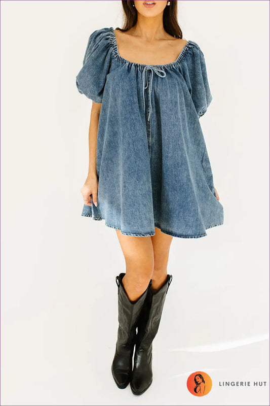 Denim Puff Sleeve Mini Dress - s / Blue - Dresses - A-line • Casual • Date Night • Denim • Lingerie Hut