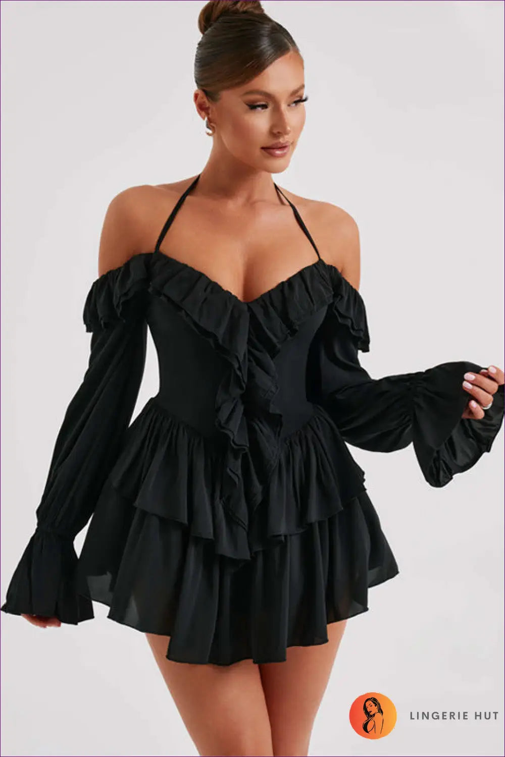 Mini Dress with Ruffle Tiers - Party Confidence - s / Black - Dresses - Lingerie Hut - Backless • Cutout • Date Night