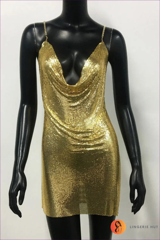 Sequin Mini Dress with Halter Neck - Night out Glamour - s / Gold - Dresses - Lingerie Hut - All Season • Backless