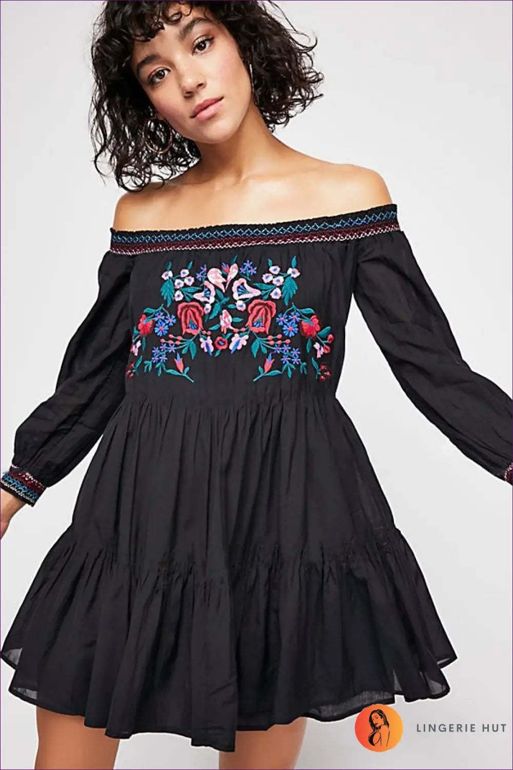 Off-shoulder Mini Dress with Floral Embroidery - for the Moments that Last - s / Black - Dresses - Lingerie Hut