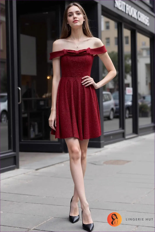 Off-shoulder Mini Dress with Shimmer - Effortless Celebration - s / Red - Dresses - Lingerie Hut - A-line • All Season