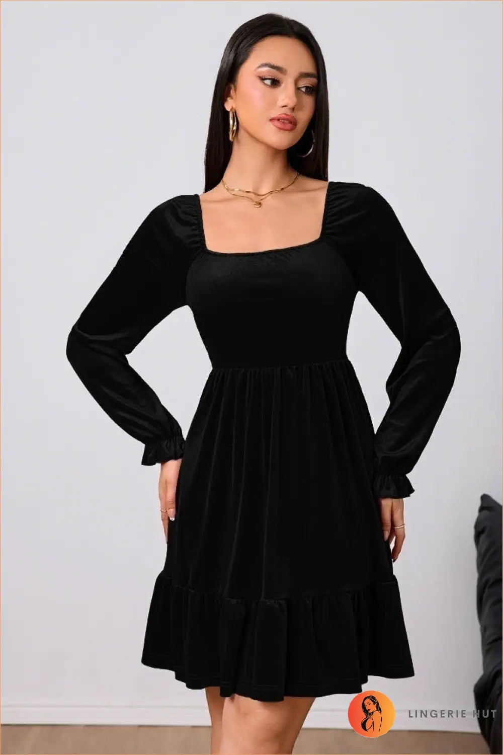 Square Neck Mini Dress with Puffed Sleeves - Understated Glamour - s / Black - Dresses - A-line • Autumn • Evening Wear