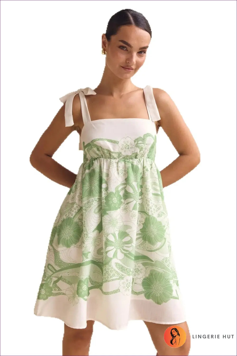 Floral A-line Mini Dress with Tie Straps - Effortless Elegance - s / Green - Dresses - Lingerie Hut - Boho • Casual