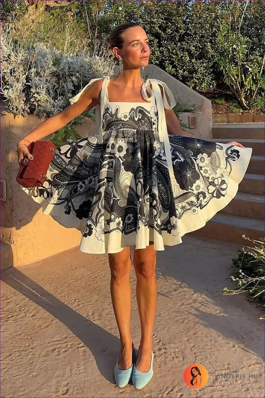 Floral A-line Mini Dress with Tie Straps - Effortless Elegance - s / Black - Dresses - Lingerie Hut - Boho • Casual