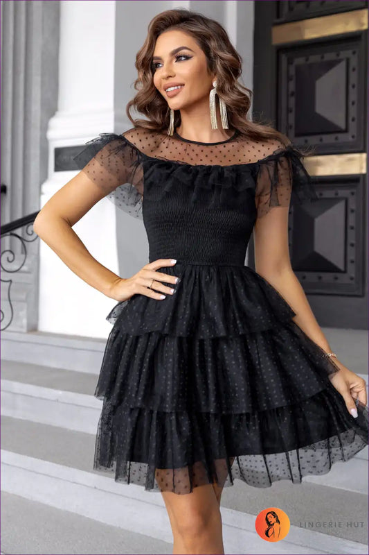 Mini Dress with Tiered Ruffles - Party Perfect for Casual, Cutout, Dress, Evening Wear, Formal Wear