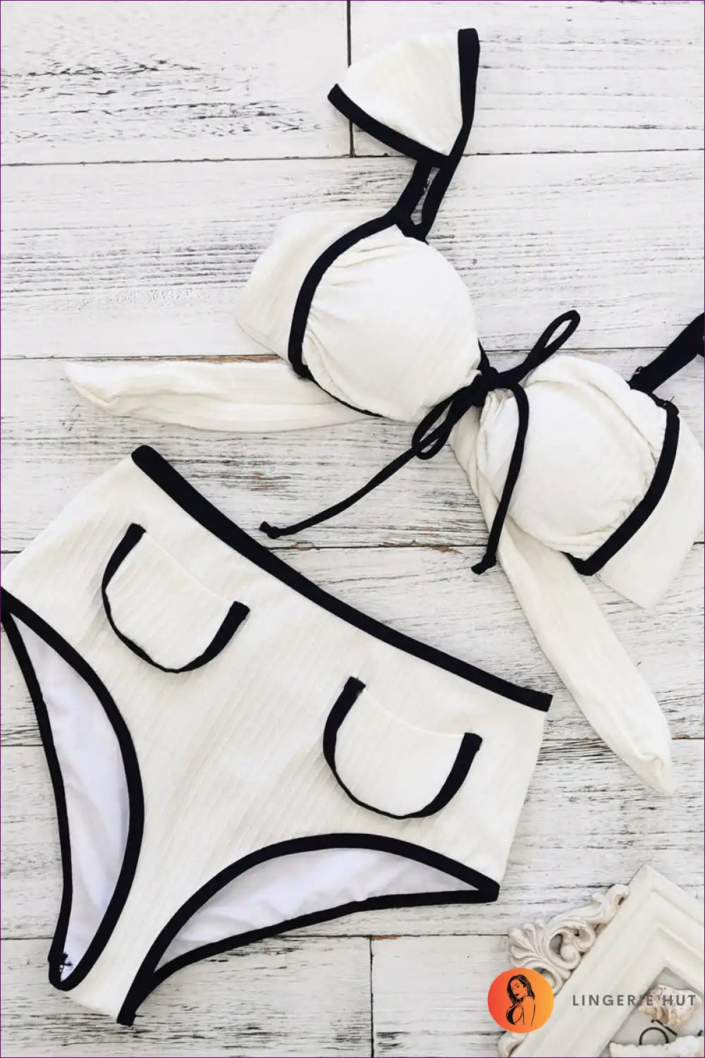Monochrome Chic High-waist Bikini Set - Retro Elegance for Beachwear, Bikini, Casual, Date Night, Glamour