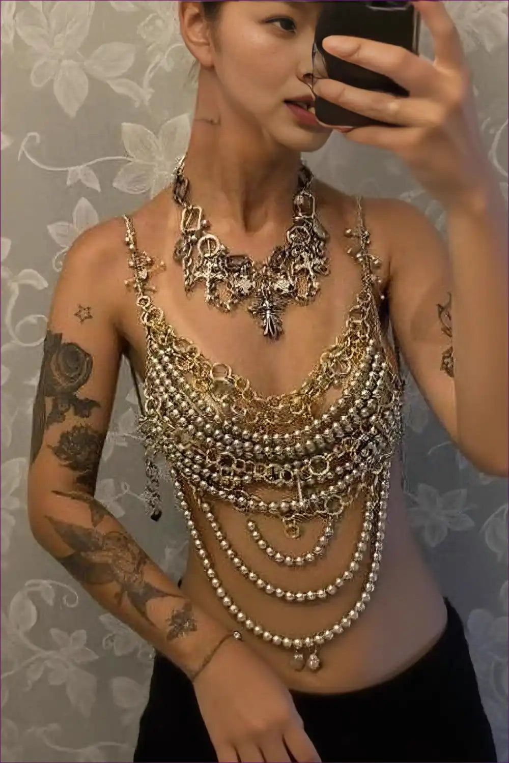 Multi-layer Chain Bra Top with Pearl Detailing - Festival Statement for Clubwear, Crop, just In, Metallic,