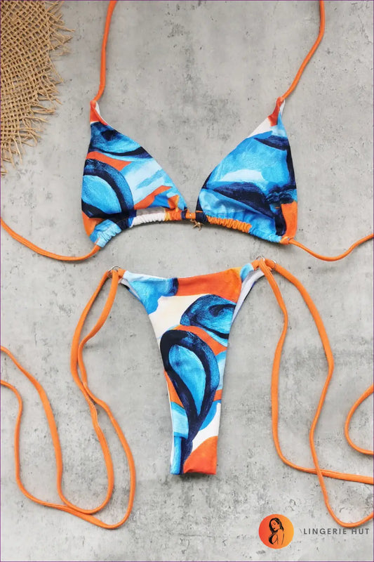Multi Wave-print Bikini with Starfish Charm Ties - Coastal Knot - s / Swimwear - Beachwear • Boho • Embellished Bikinis