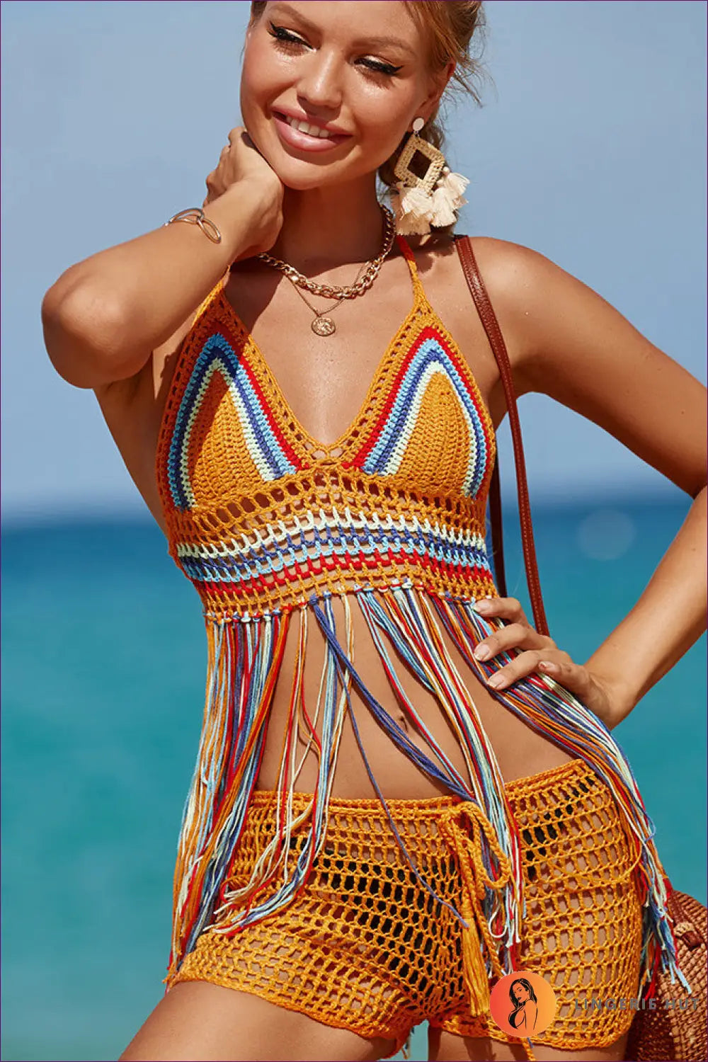 Crochet Bikini Top with Tassels - Artisanal Boho Beachwear - one Size / Orange - Cutout • Party • Polyester • Sexy
