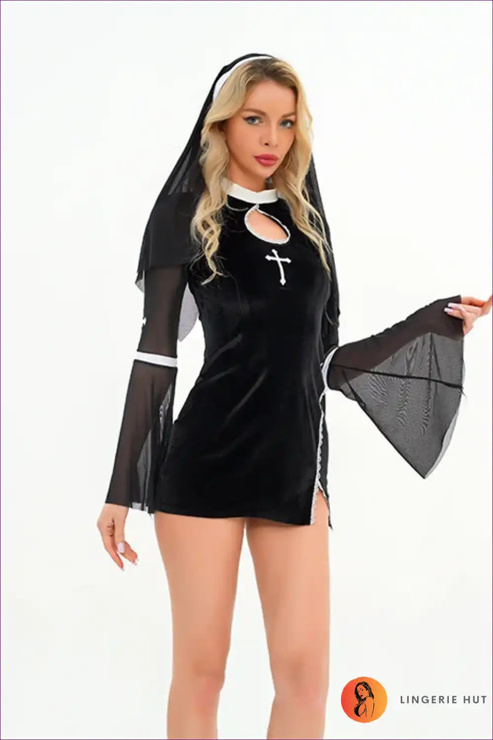 Nun Costume with Sheer Sleeves - Mysterious Allure for Boudoir, Clubwear, Costume, Evening Wear, Halloween