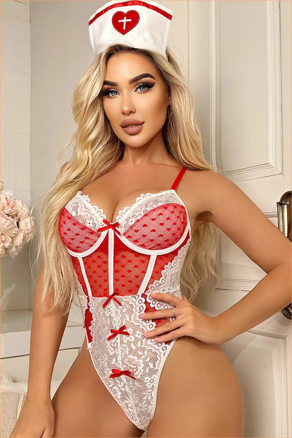 Nurse Costume Teddy with Lace & Heart Details - Cutout • Mesh • Lingerie Hut