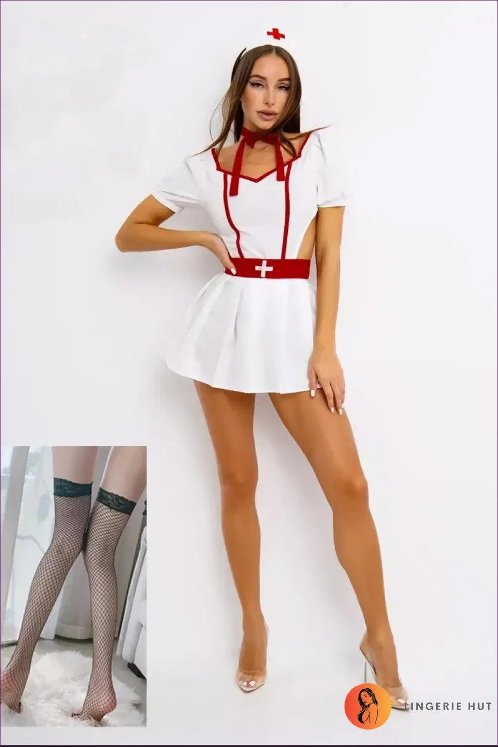 Nurse Costume with Puff Sleeves and Cut-out Sides - Flirtatious Fantasy - with Stockings / 40-65kg - Outfit Set