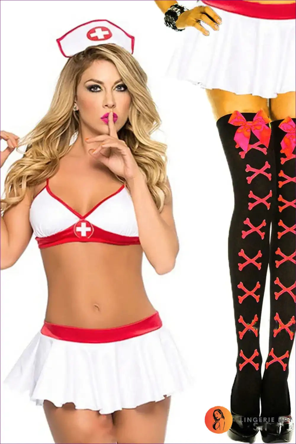 Nurse Roleplay Costume with Crisscross Cap and Bow Skirt - Cosplay Chic for Boudoir, Clubwear, Costume,