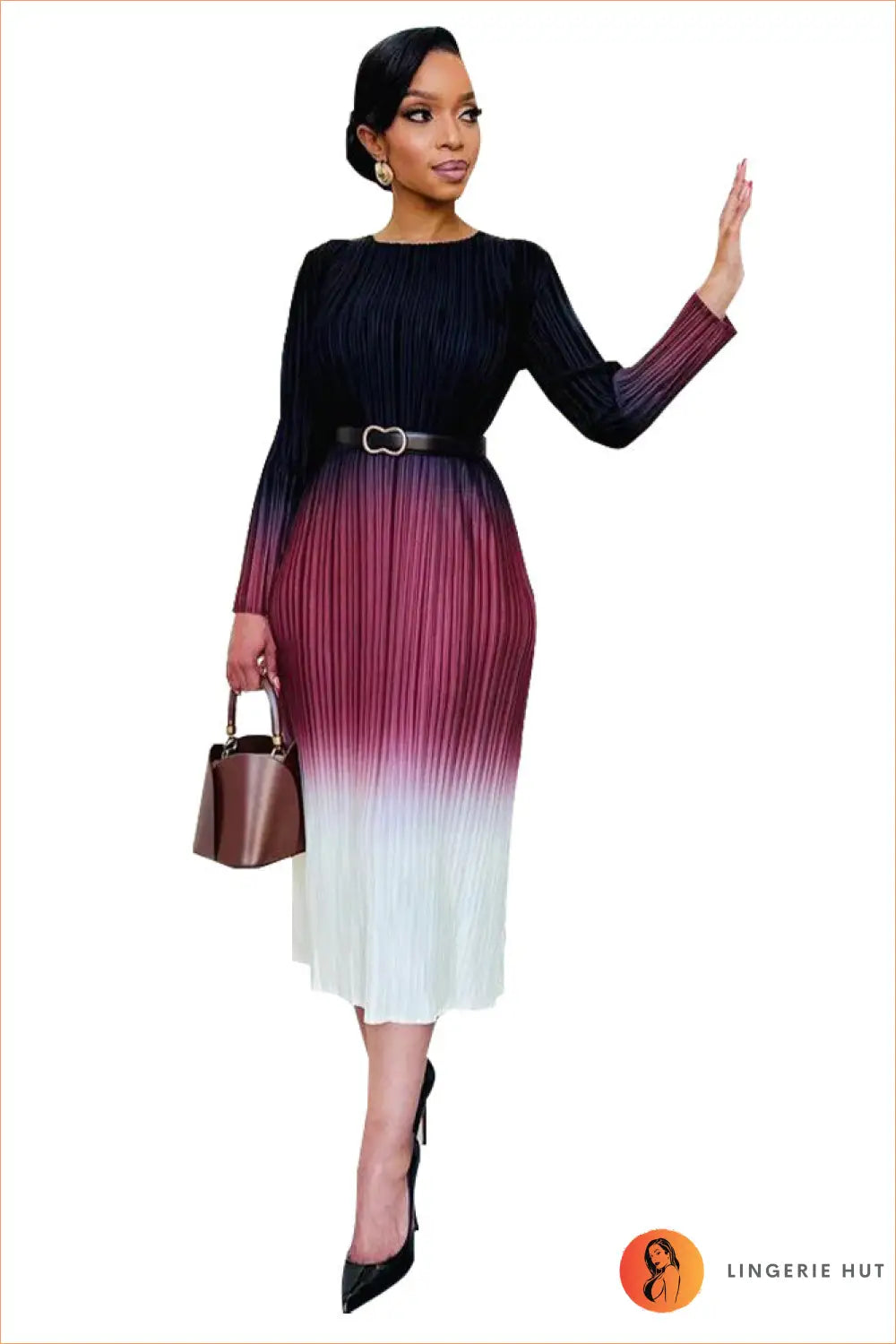 Ombre Pleated Midi Dress - Artistic Ease for Every Occasion - m / Burgundy - Dresses - A-line • Autumn • Boho • Casual