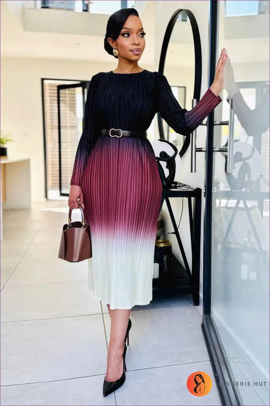 Ombre Pleated Midi Dress - Artistic Ease for Every Occasion - Dresses - Lingerie Hut - A-line • Autumn • Boho • Casual
