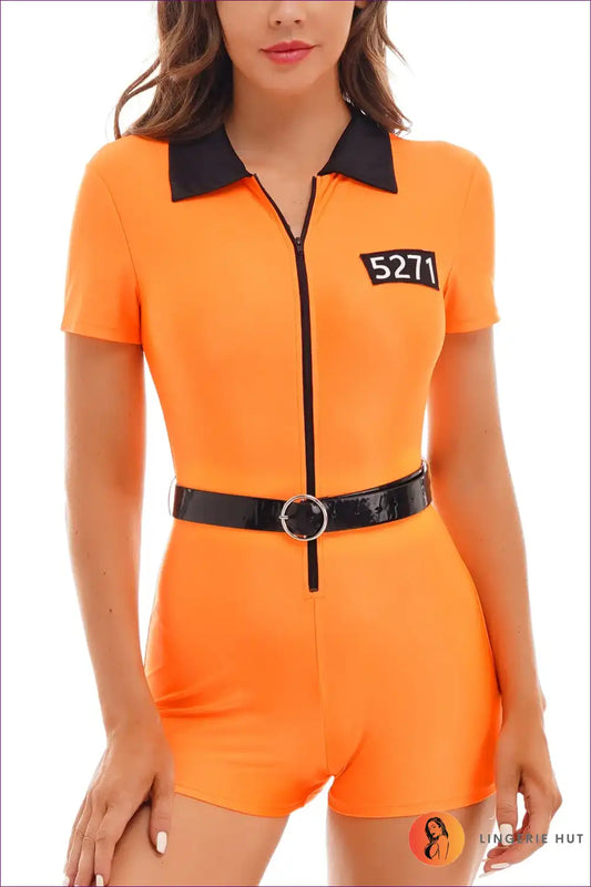 Orange Prisoner Jumpsuit Costume with Belt - Festival Ready for Casual, Clubwear, Costume, Everyday, Halloween
