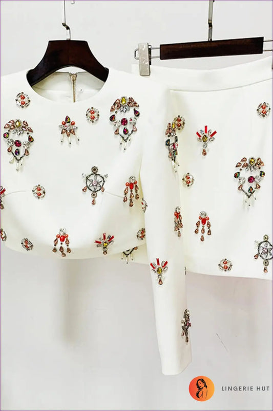 Co-ord Set with Floral Embellishment - Festival Glamour - s / White - co Ord - Lingerie Hut - A-line • Boho • Casual