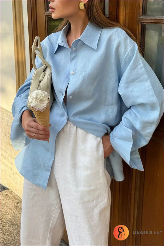 Oversized Shirt with Button Front - Borrowed from Him for All Season, Blouse, Casual, Cotton, Everyday