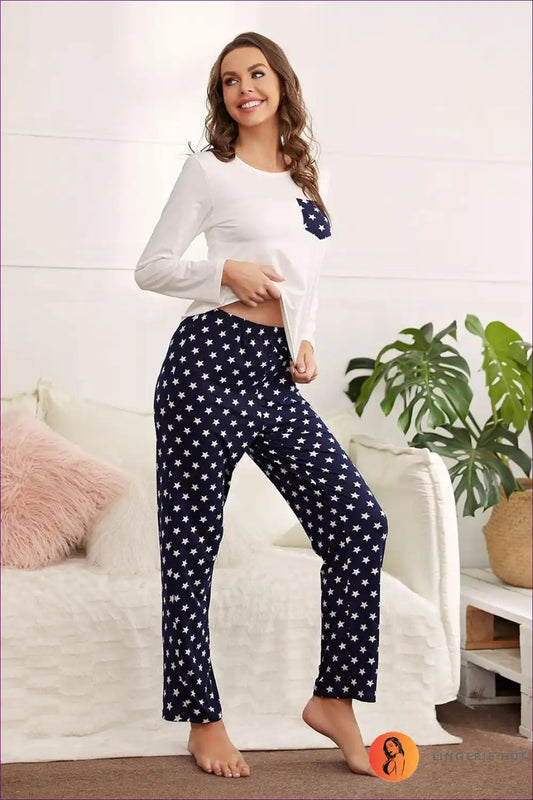 Pajama Set with Star Print - Playful Night Comfort for All Season, Casual, Cotton, Everyday,