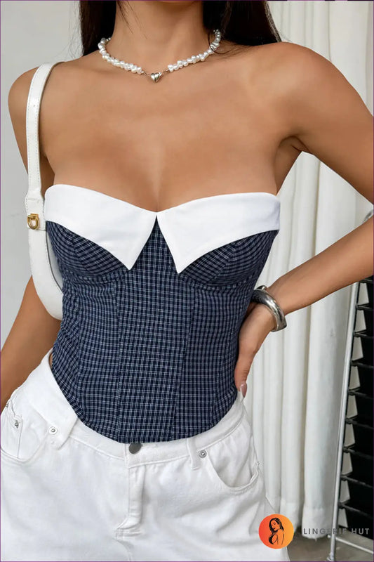 Plaid Corset Tube Top with Collar - not your Basic Crop - m / Blue - Lingerie Hut - Casual • Cutout • Date Night