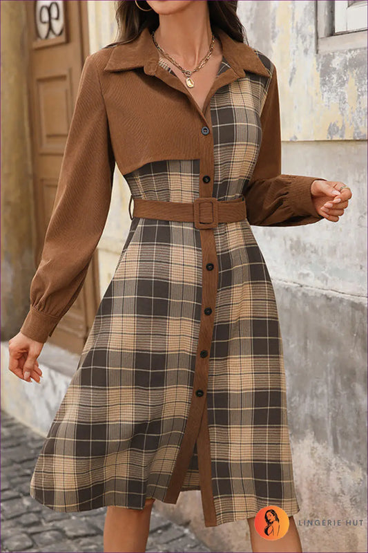 Plaid Patchwork Shirt Dress with Belt - Autumn Office - s / Brown - Lingerie Hut - A-line • Autumn • Casual • Everyday