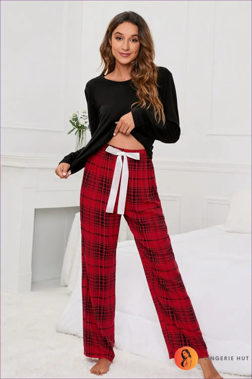 Plaid Pyjama Set with Tie-up Bow - Off-duty Comfort - s / Black - Sleepwear & Loungewear - Lingerie Hut - Casual