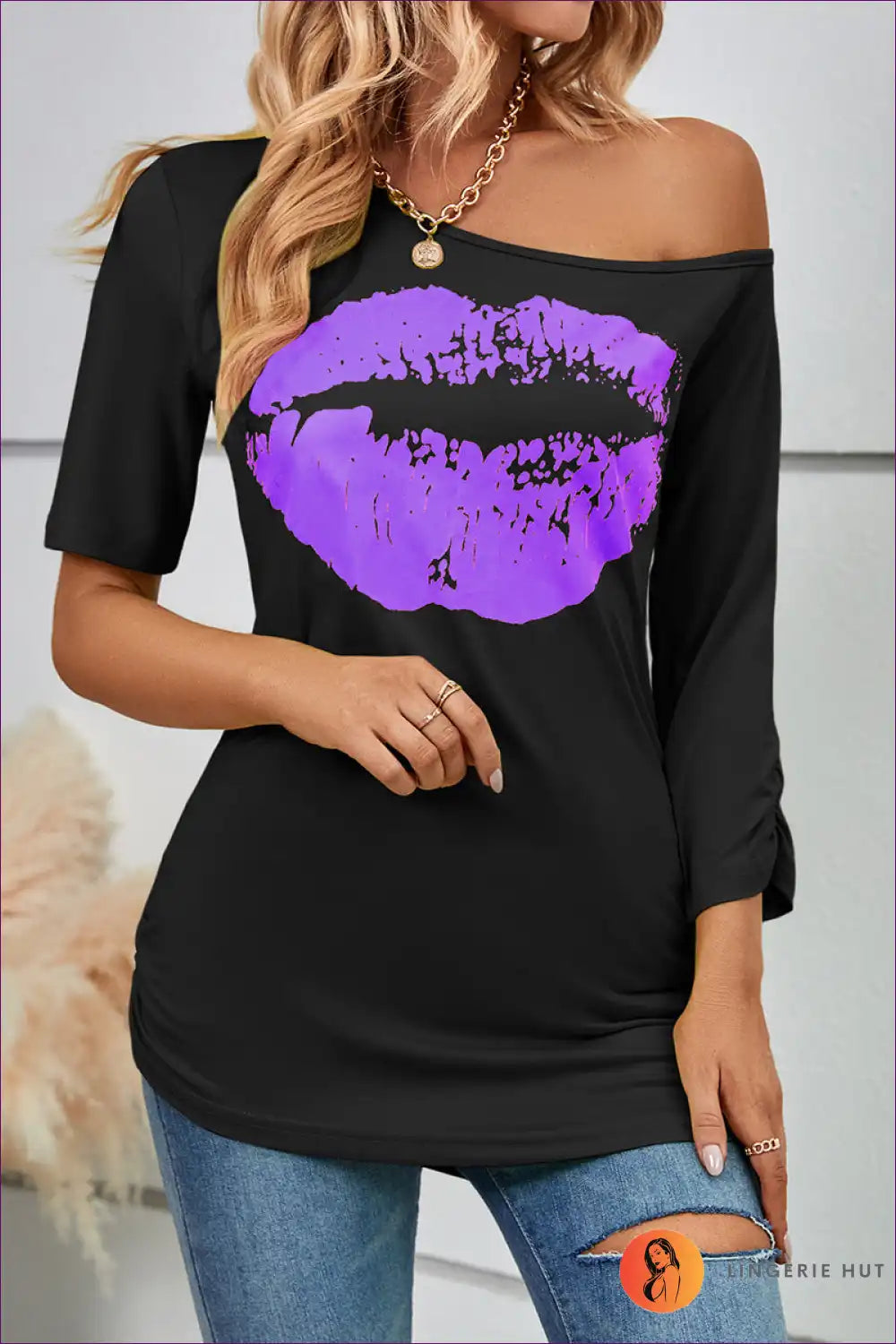 Elevate Your Casual Style With Our Playful Red Lip Print Off-shoulder T-shirt. Vibrant Lip Graphic,