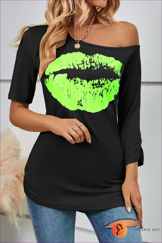 Elevate Your Casual Style With Our Playful Red Lip Print Off-shoulder T-shirt. Vibrant Lip Graphic,