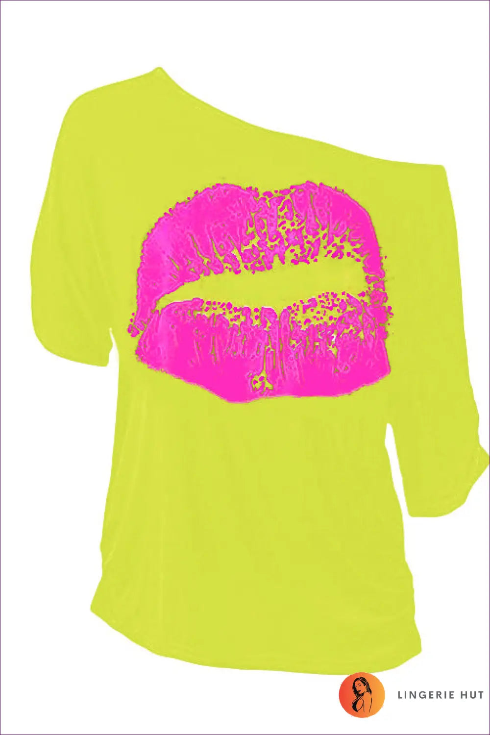 Off-shoulder Lip Print Top - not your Basic Tee - s / Rose Red Background Green - Casual • Clothing • Cutout • Everyday
