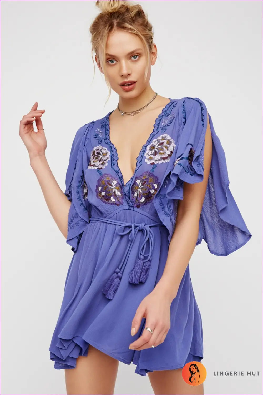 Embroidered Playsuit with Boho Floral Detail - Holiday Evenings Sorted - s / Blue - Lingerie Hut - Casual • Cutout