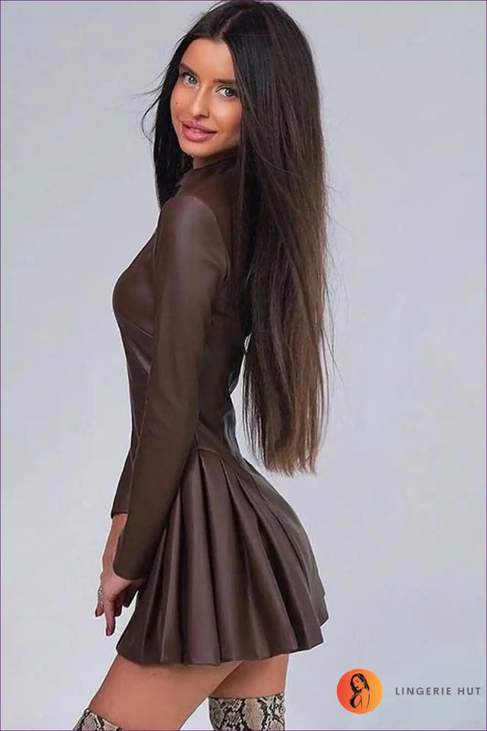 Pleated Faux Leather Mini Dress with Zip Detail - Modern Rebel Energy for a Line, Evening Wear, Leather,