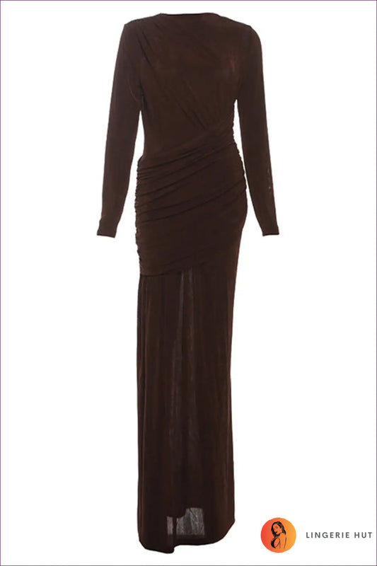 Pleated Maxi Dress with Long Sleeves - Understated Glamour - s / Coffee - Dresses - Autumn • Casual • Clothing