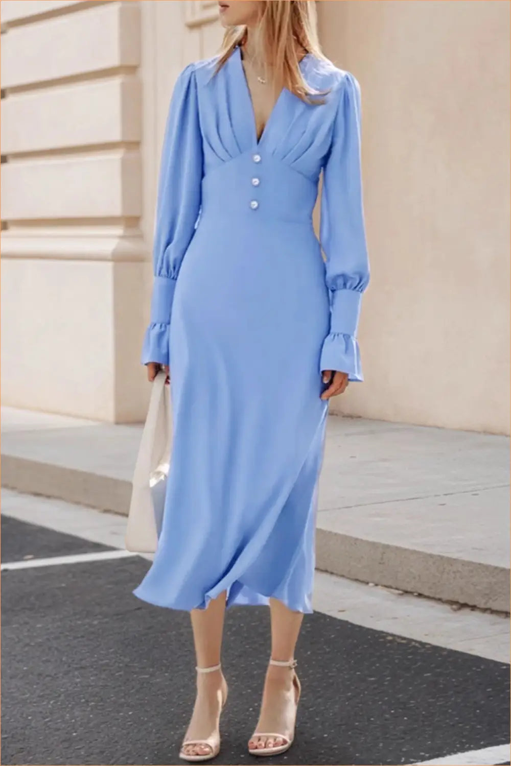 Pleated Maxi A-line Dress with Buttoned Waist - Understated Glamour - Dresses - Autumn • Button Front • Clothing