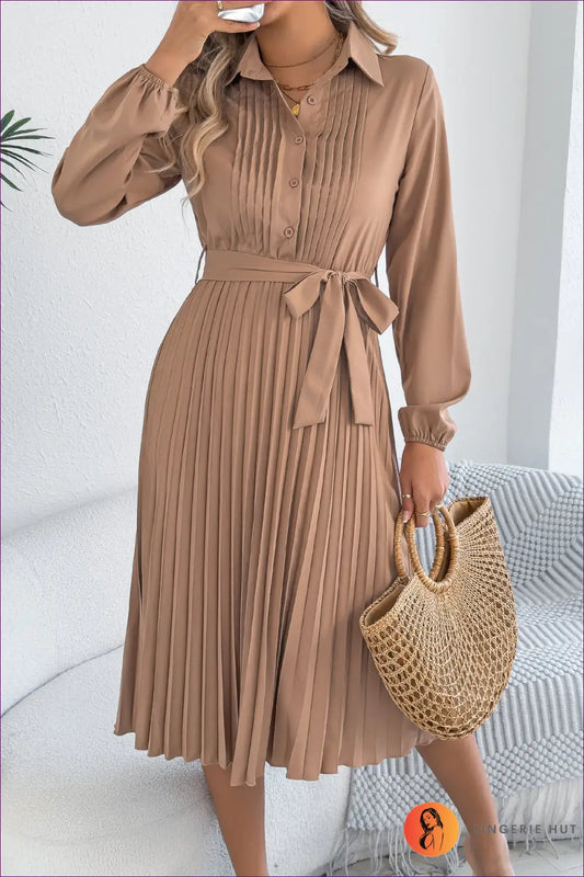 Pleated Midi Shirt Dress with Collar - Effortless Office Polish - s / Khaki - A-line • Autumn • Belted • Button Front