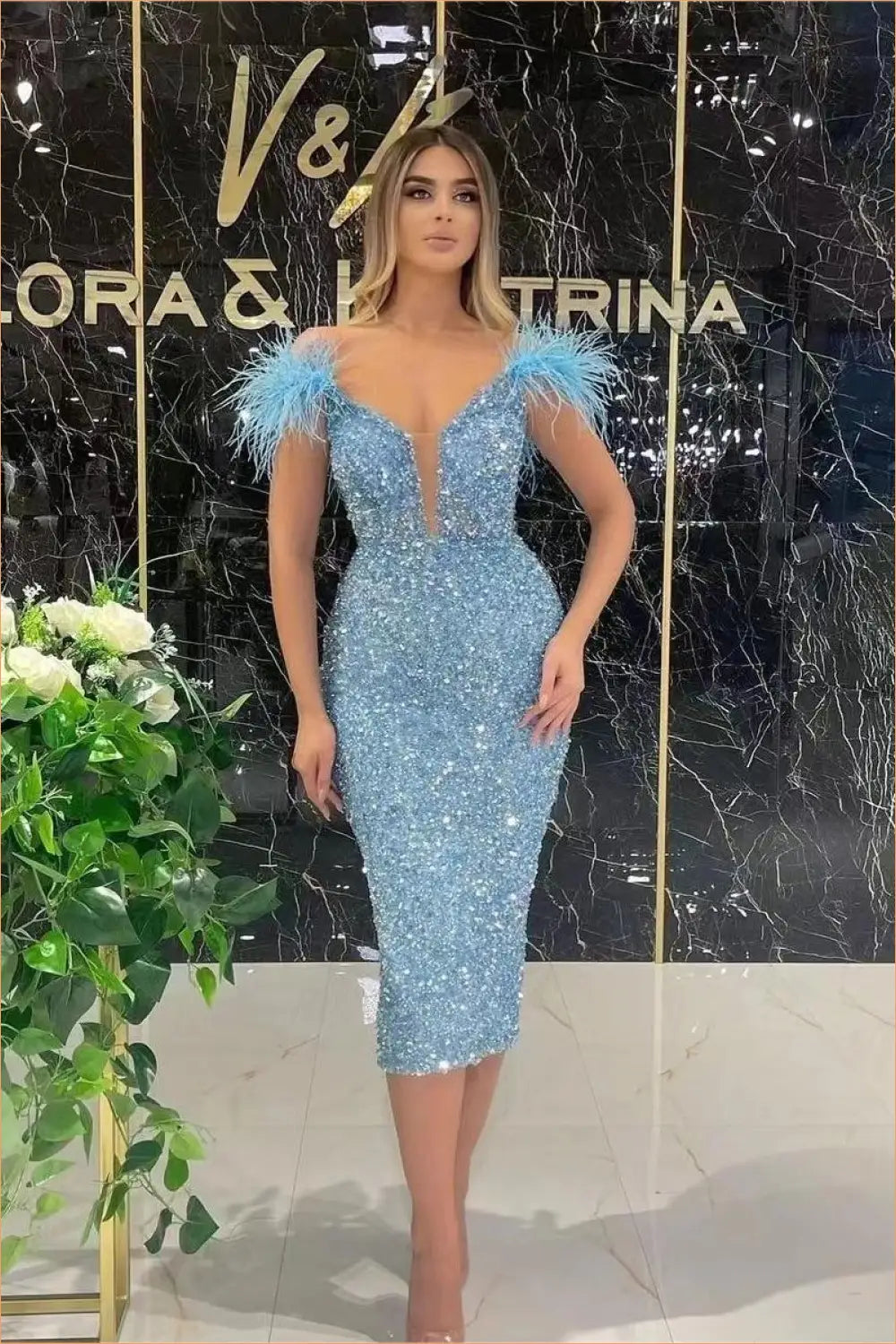 Plunge Sequin Midi Dress - Feather Shoulders - Bodycon • Elegant • just in • Girlsdy