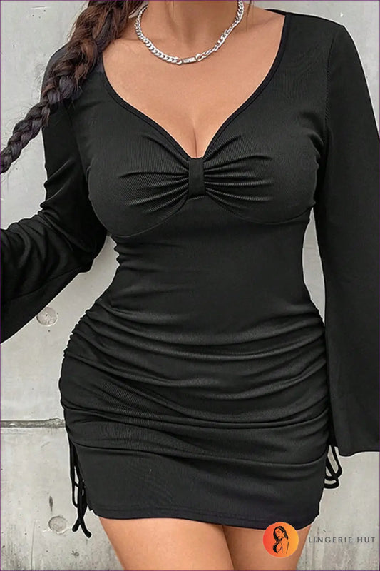 Plus Size Ruched Bodycon Mini Dress - Effortless Elegance - Xl / Black - Dresses - Lingerie Hut - Autumn • Casual