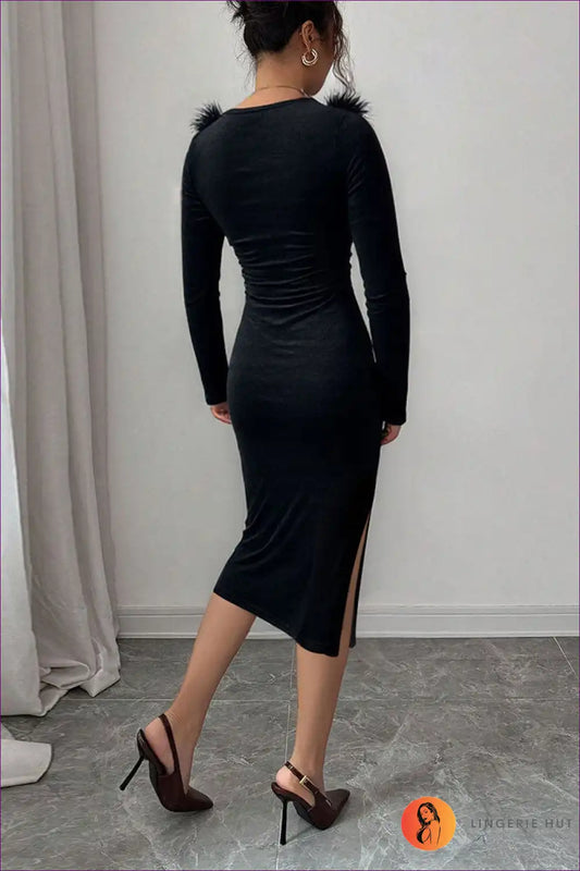 Plush Neckline Midi Dress with Side Slit - Dinner Elegance for Bodycon, Date Night, Evening Wear, Formal