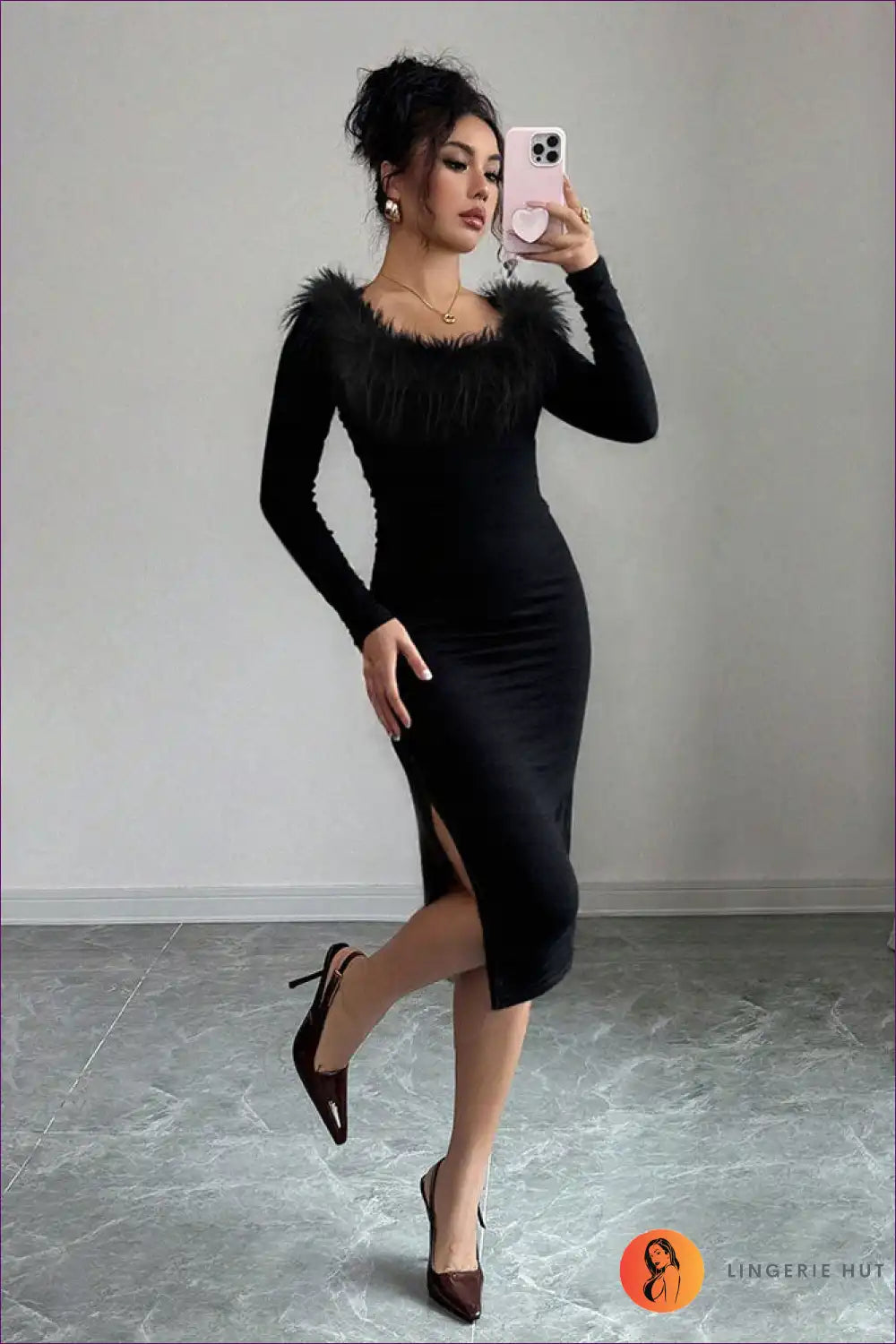 Plush Neckline Midi Dress with Side Slit - Dinner Elegance for Bodycon, Date Night, Evening Wear, Formal