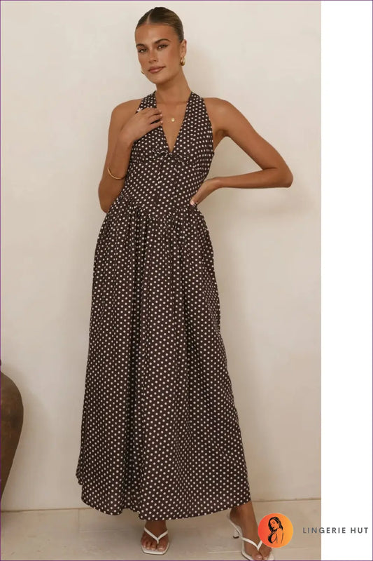 Halter Maxi Dress with Deep v - Effortless Resort Glamour - s / Dark Brown - Dresses - Backless • Casual • Clothing